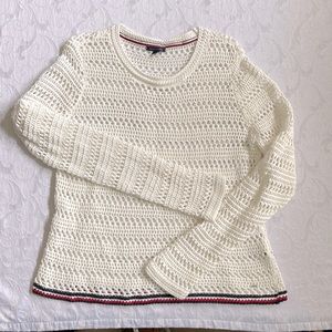 Gently used Tommy Hilfiger XL crochet white sweater with red & blue stripe hem